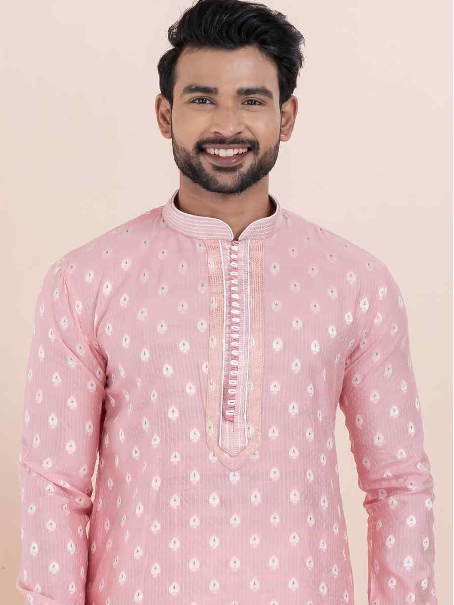 Pink Cotton Silk Jacquard Embroidered Festival Wedding Kurta Pyjama Men's Wear