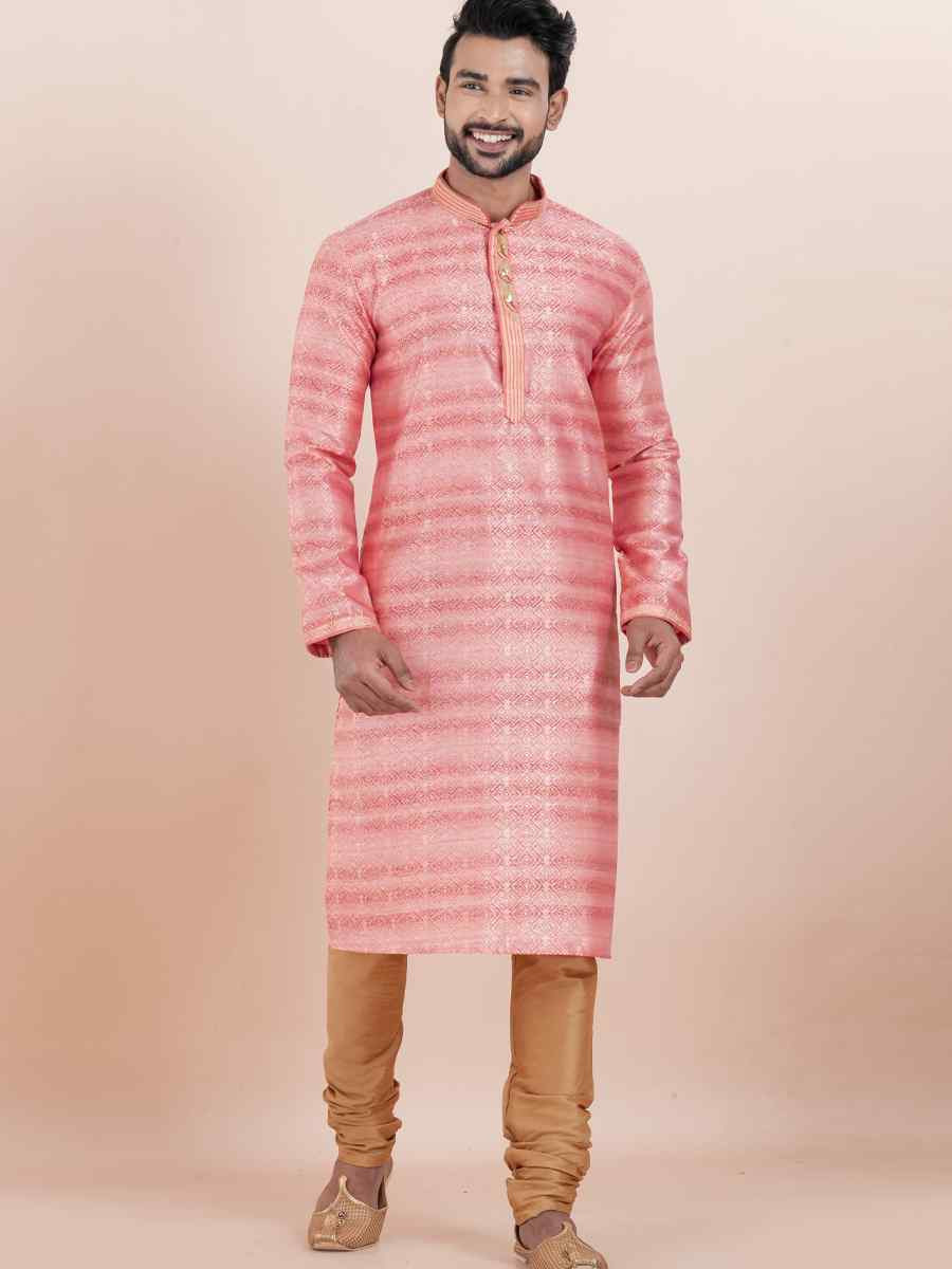 Pink Cotton Silk Jacquard Embroidered Festival Wedding Kurta Pyjama Men's Wear