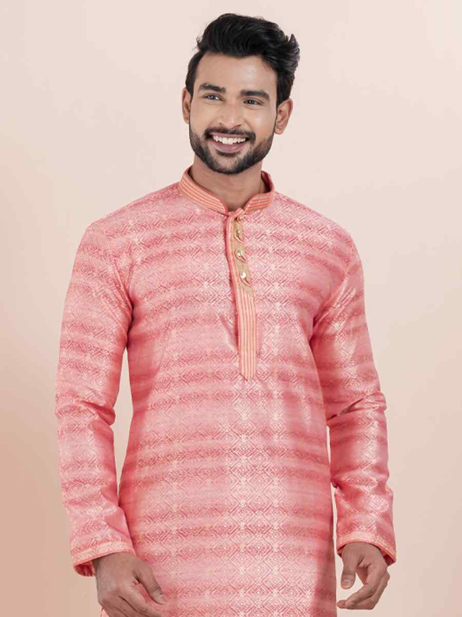 Pink Cotton Silk Jacquard Embroidered Festival Wedding Kurta Pyjama Men's Wear