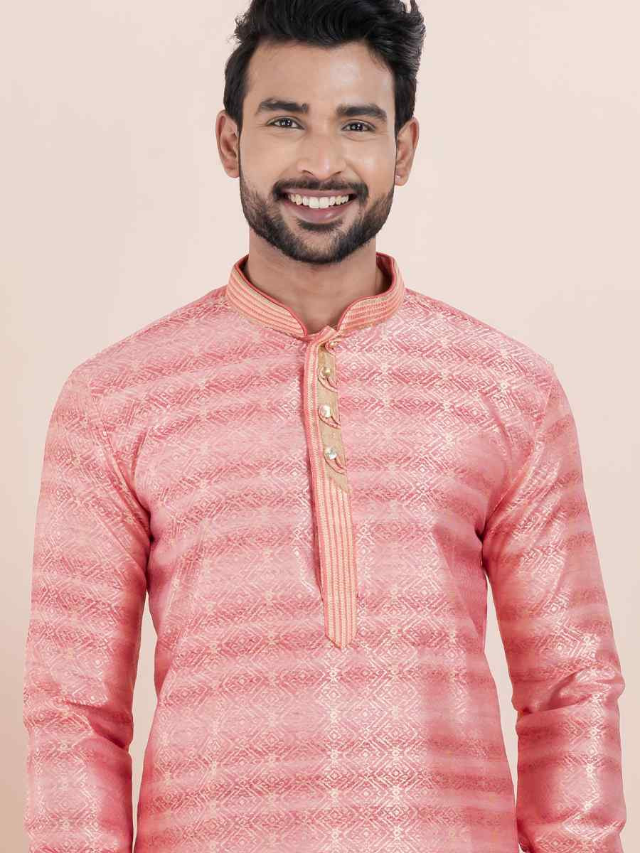 Pink Cotton Silk Jacquard Embroidered Festival Wedding Kurta Pyjama Men's Wear