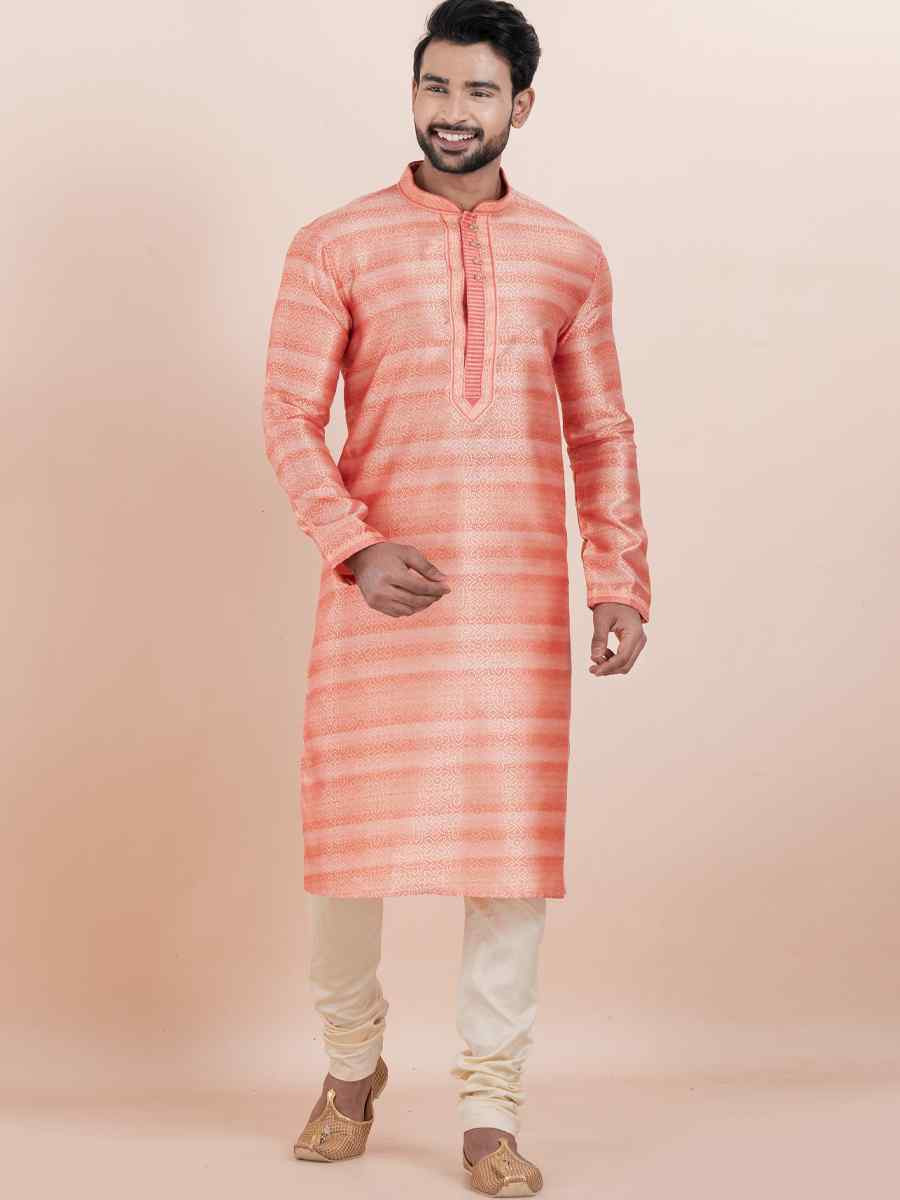 Pink Cotton Silk Jacquard Embroidered Festival Wedding Kurta Pyjama Men's Wear