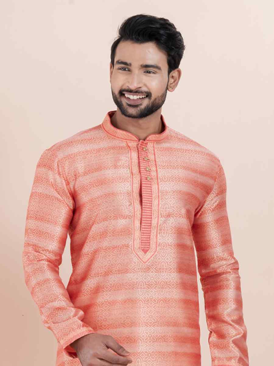 Pink Cotton Silk Jacquard Embroidered Festival Wedding Kurta Pyjama Men's Wear