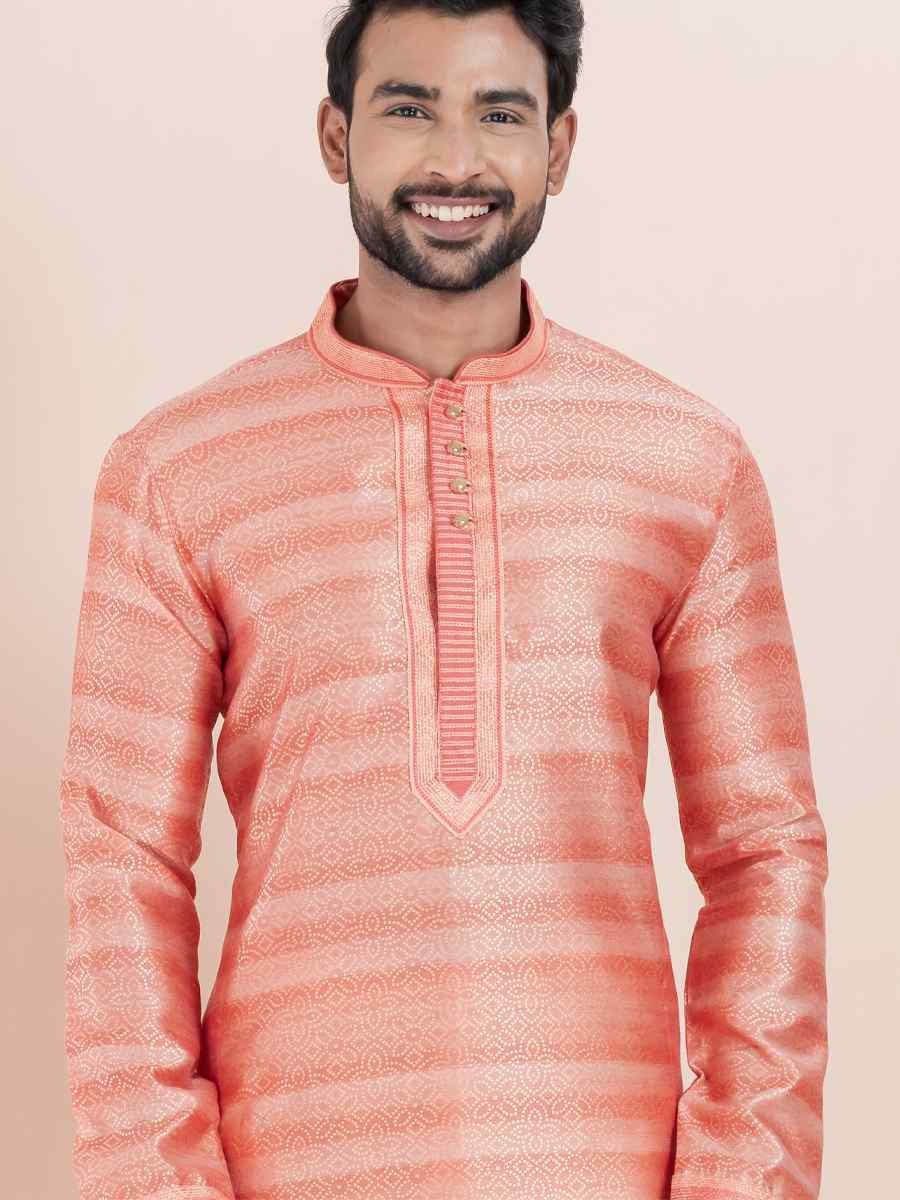 Pink Cotton Silk Jacquard Embroidered Festival Wedding Kurta Pyjama Men's Wear