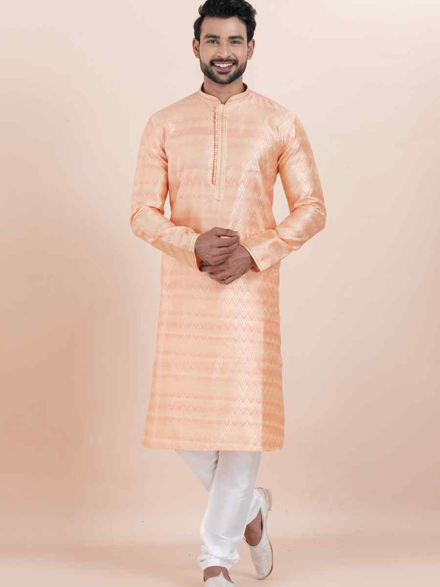 Pink Cotton Silk Jacquard Embroidered Festival Wedding Kurta Pyjama Men's Wear