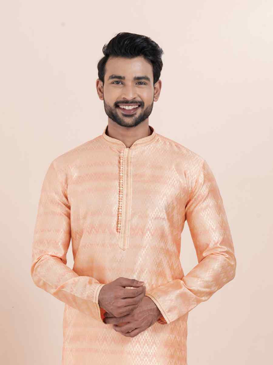 Pink Cotton Silk Jacquard Embroidered Festival Wedding Kurta Pyjama Men's Wear