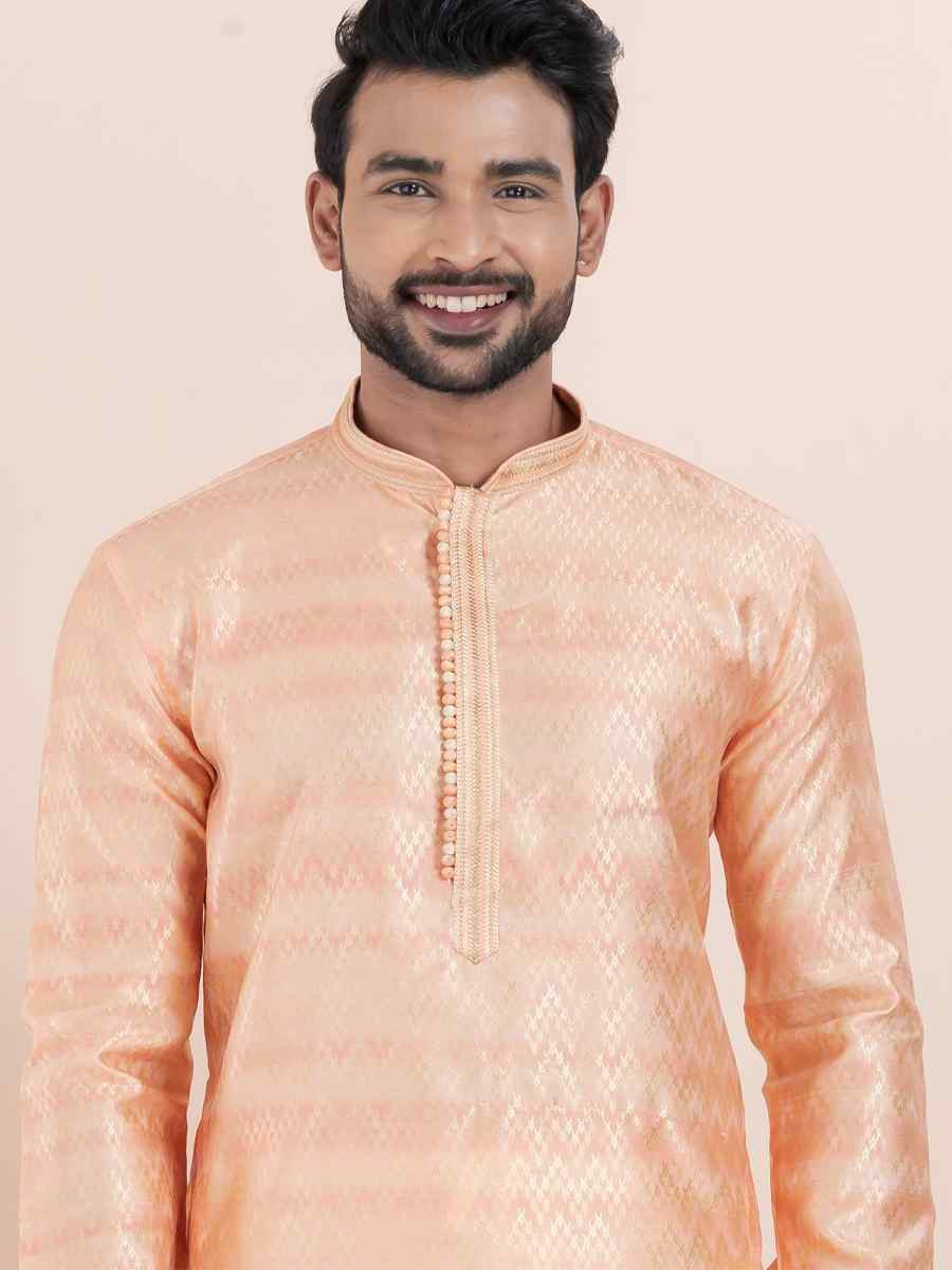 Pink Cotton Silk Jacquard Embroidered Festival Wedding Kurta Pyjama Men's Wear