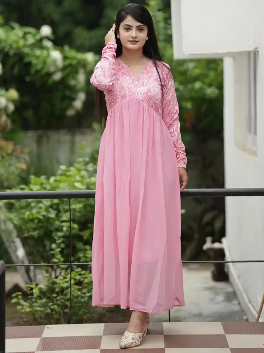 Pink Crepe Georgette Embroidered Festival Casual Gown