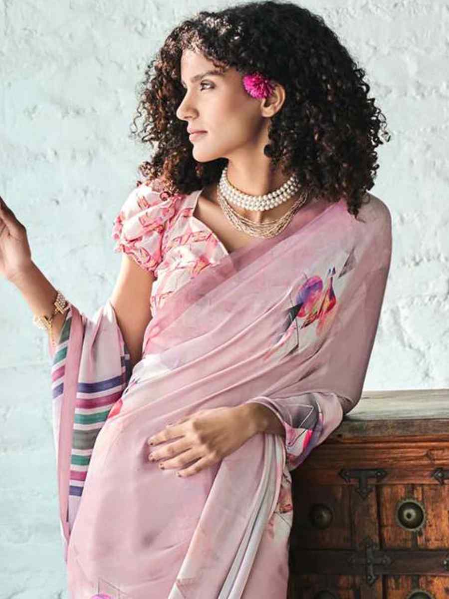 Pink Crepe Soft Silk Printed Festival Casual Contemporary Saree