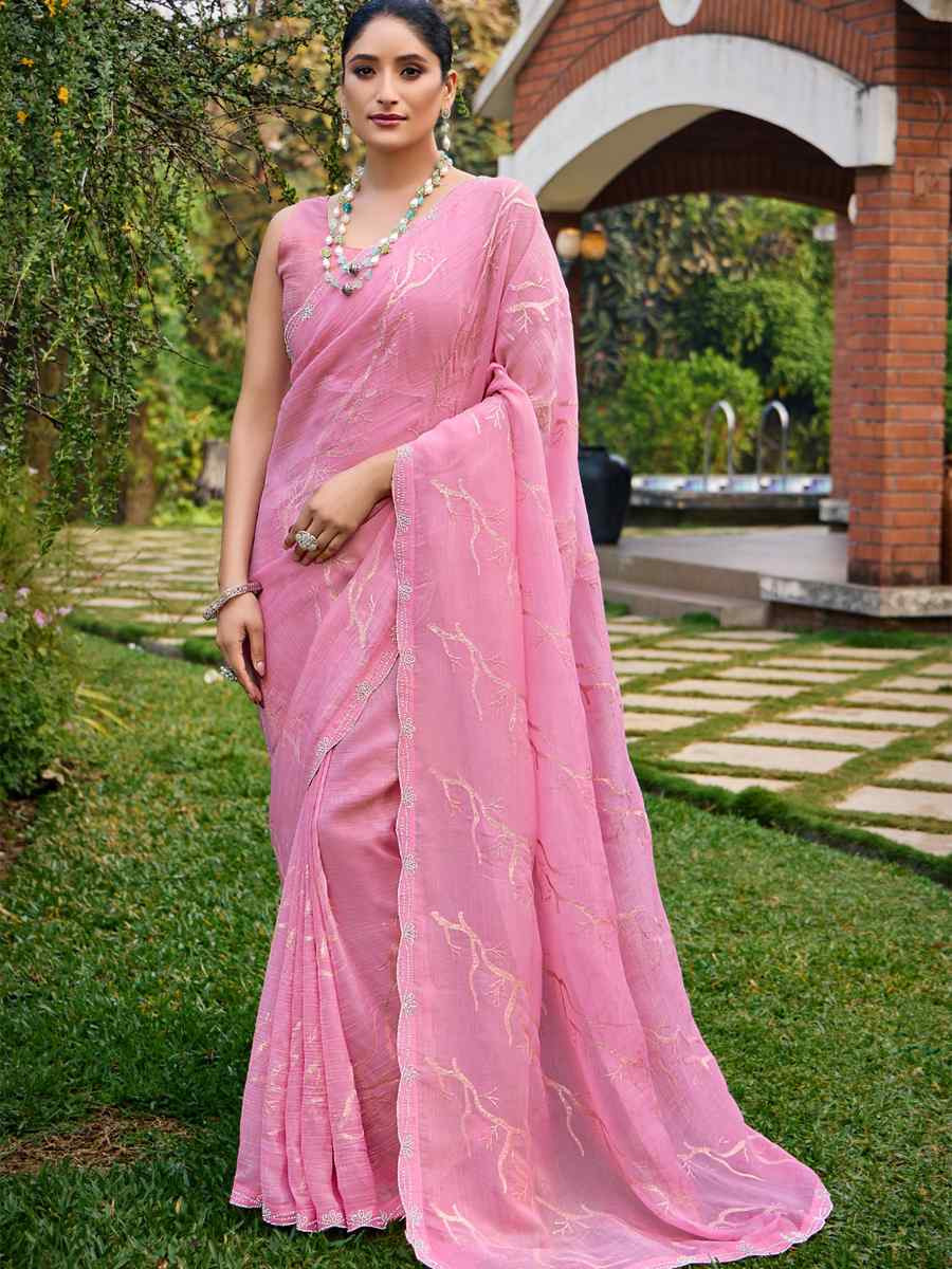 Pink Crunchy Silk Embroidered Bridesmaid Reception Heavy Border Saree