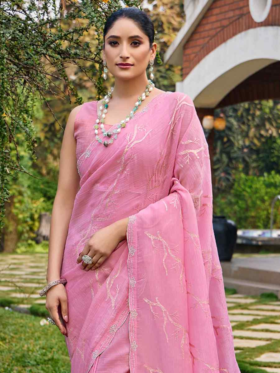 Pink Crunchy Silk Embroidered Bridesmaid Reception Heavy Border Saree