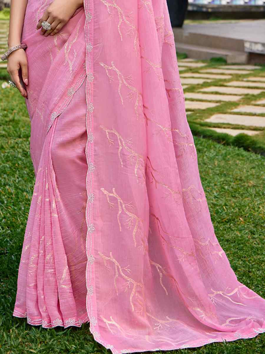 Pink Crunchy Silk Embroidered Bridesmaid Reception Heavy Border Saree