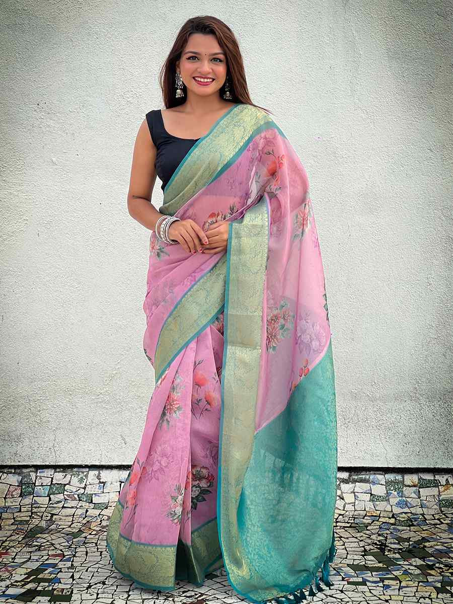 Pink Crush Tissue Handwoven Festival Casual Heavy Border Saree