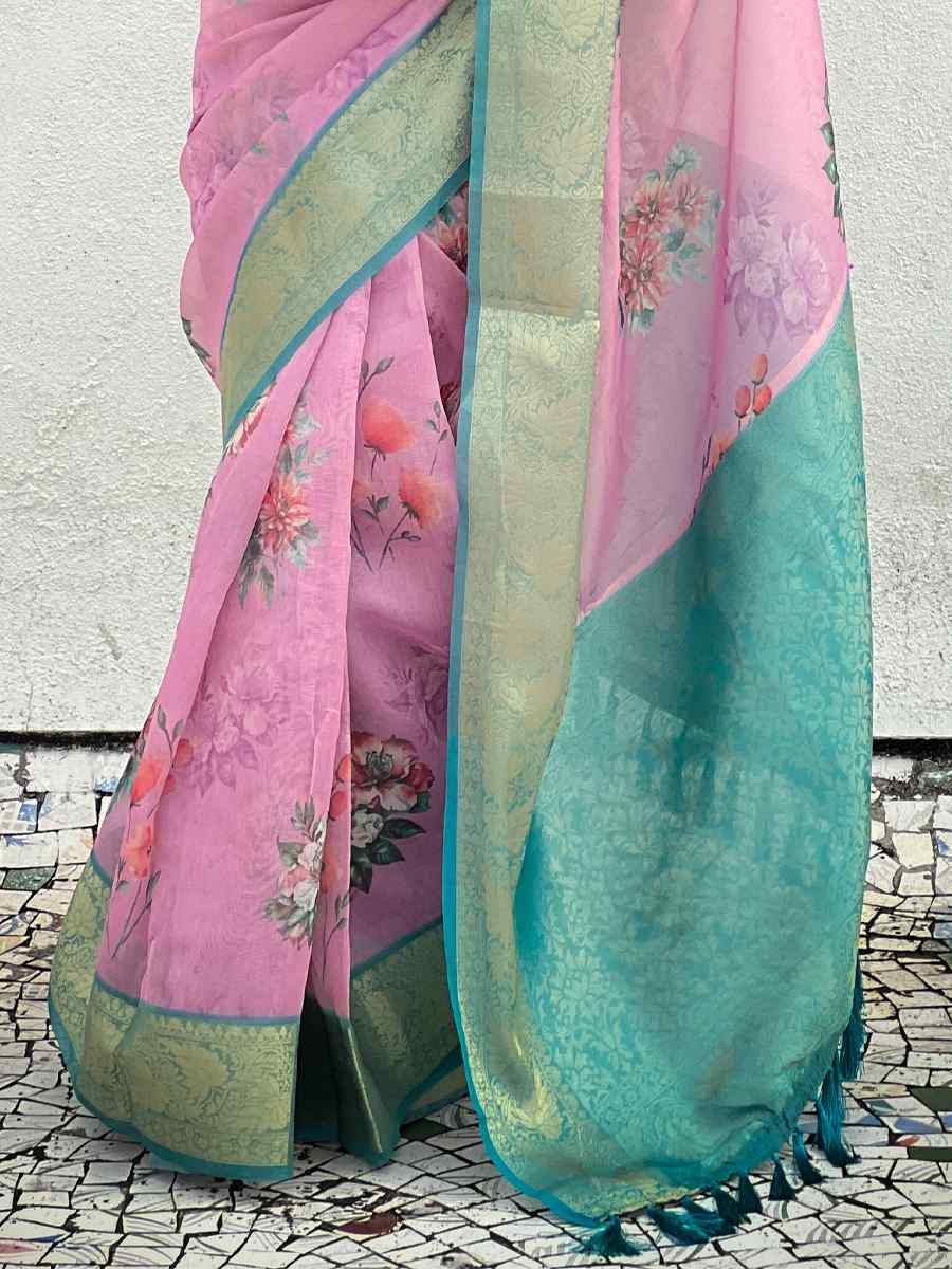 Pink Crush Tissue Handwoven Festival Casual Heavy Border Saree