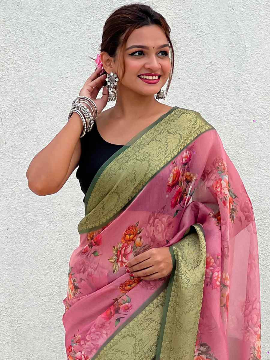 Pink Crush Tissue Handwoven Festival Casual Heavy Border Saree