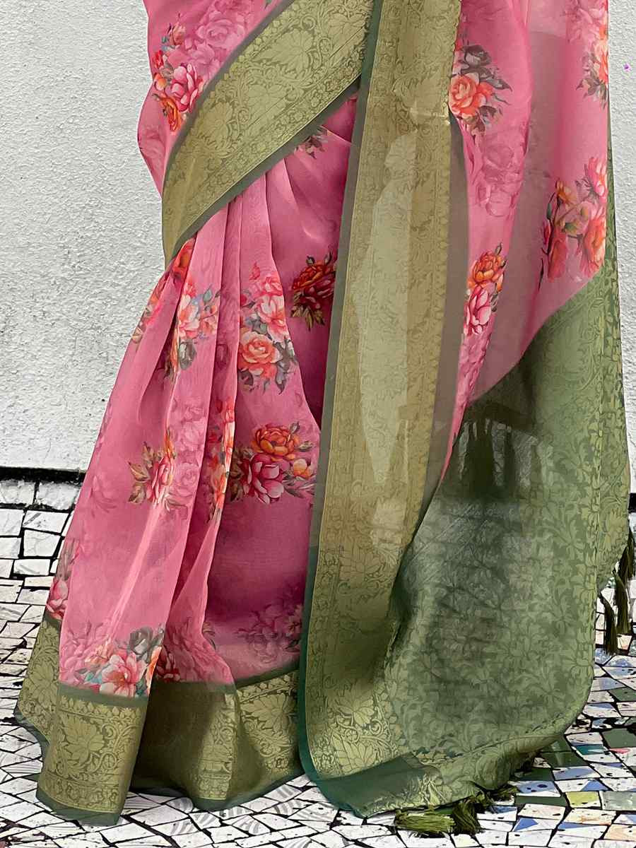 Pink Crush Tissue Handwoven Festival Casual Heavy Border Saree