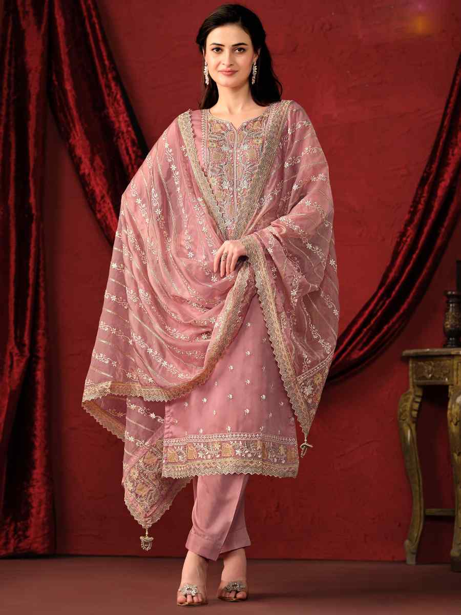 Pink Crystal Organza Embroidered Festival Wedding Pant Salwar Kameez