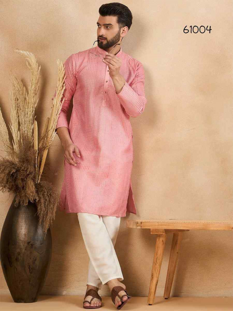 Pink Designer Liva Silk Embroidered Festival Casual Kurta