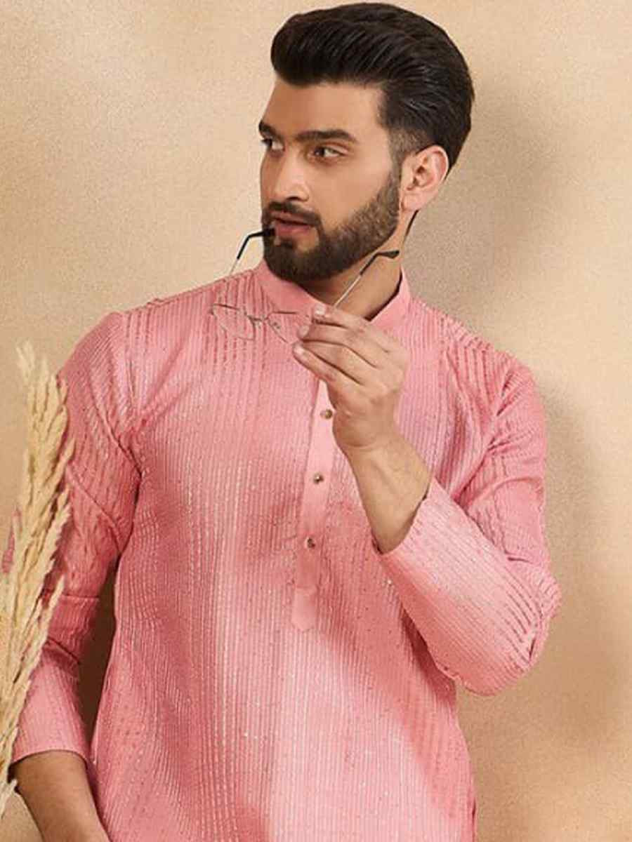 Pink Designer Liva Silk Embroidered Festival Casual Kurta