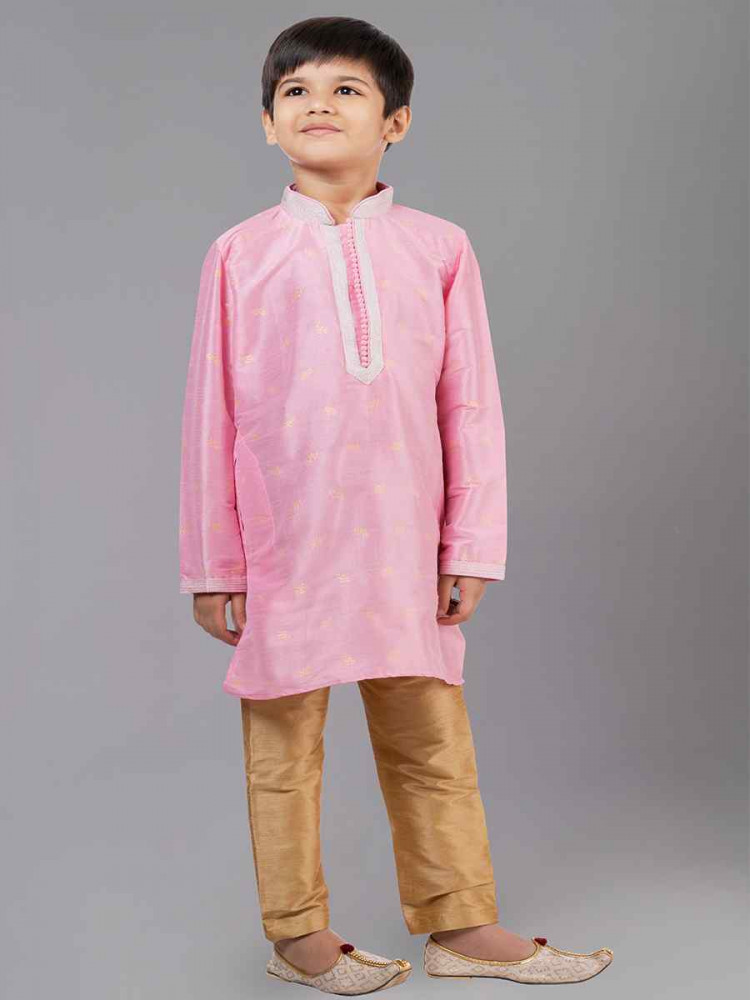 Pink Dhupion Silk With  Jacquard  Embroidered Festival Traditional Kurta Pyjama Boys Wear