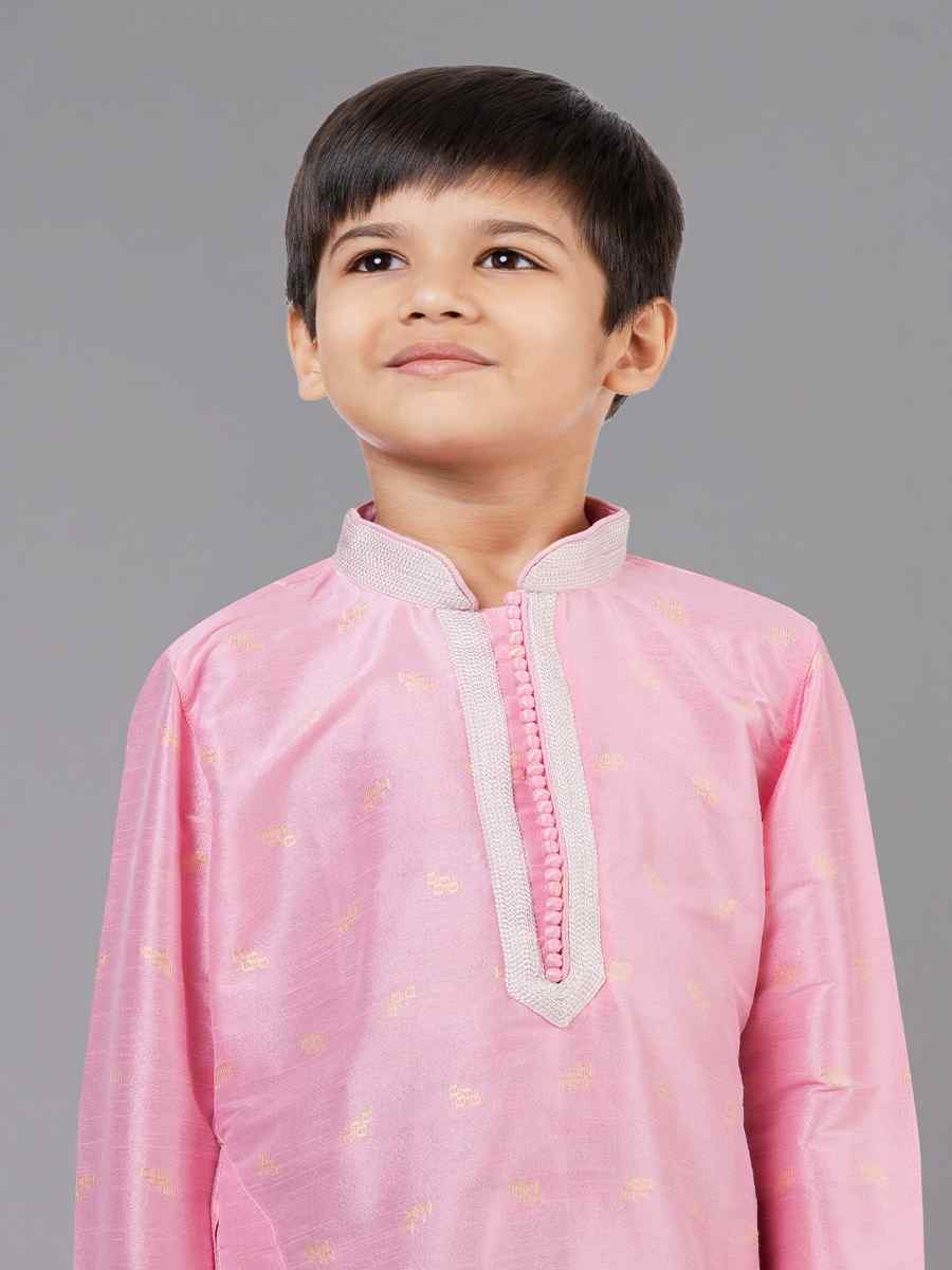 Pink Dhupion Silk With  Jacquard  Embroidered Festival Traditional Kurta Pyjama Boys Wear