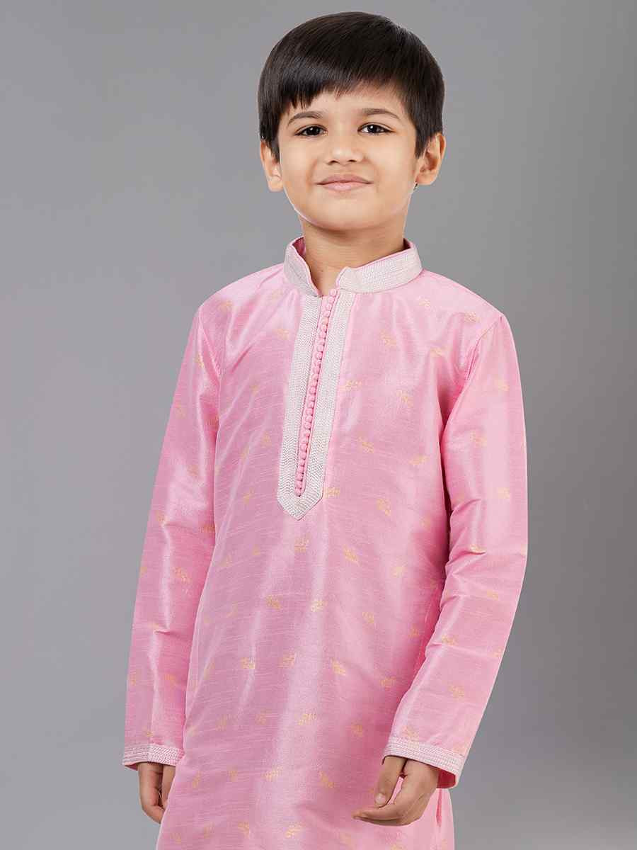 Pink Dhupion Silk With  Jacquard  Embroidered Festival Traditional Kurta Pyjama Boys Wear