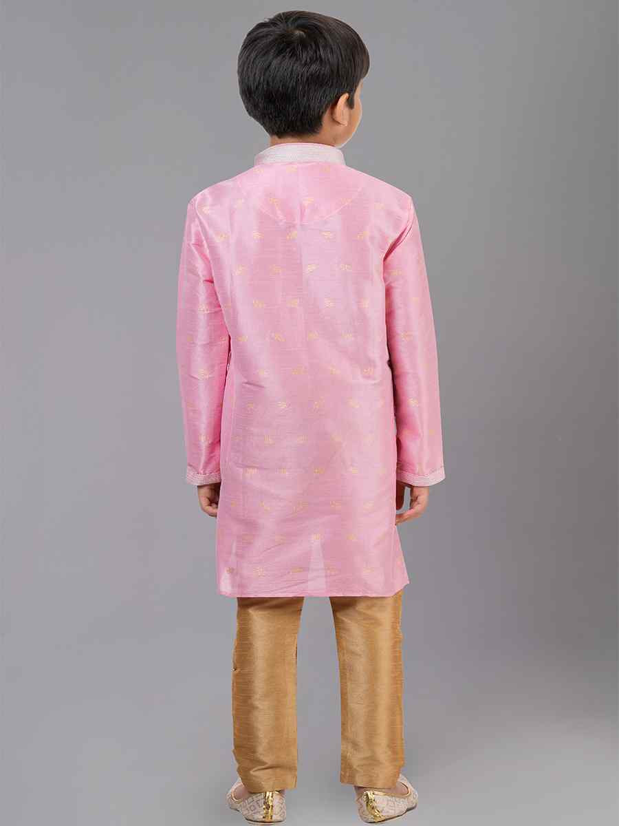 Pink Dhupion Silk With  Jacquard  Embroidered Festival Traditional Kurta Pyjama Boys Wear