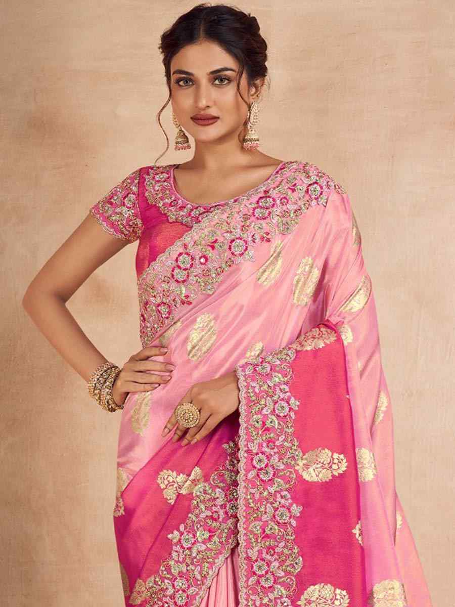 Pink Fancy Silk Embroidery Party Reception Heavy Border Saree