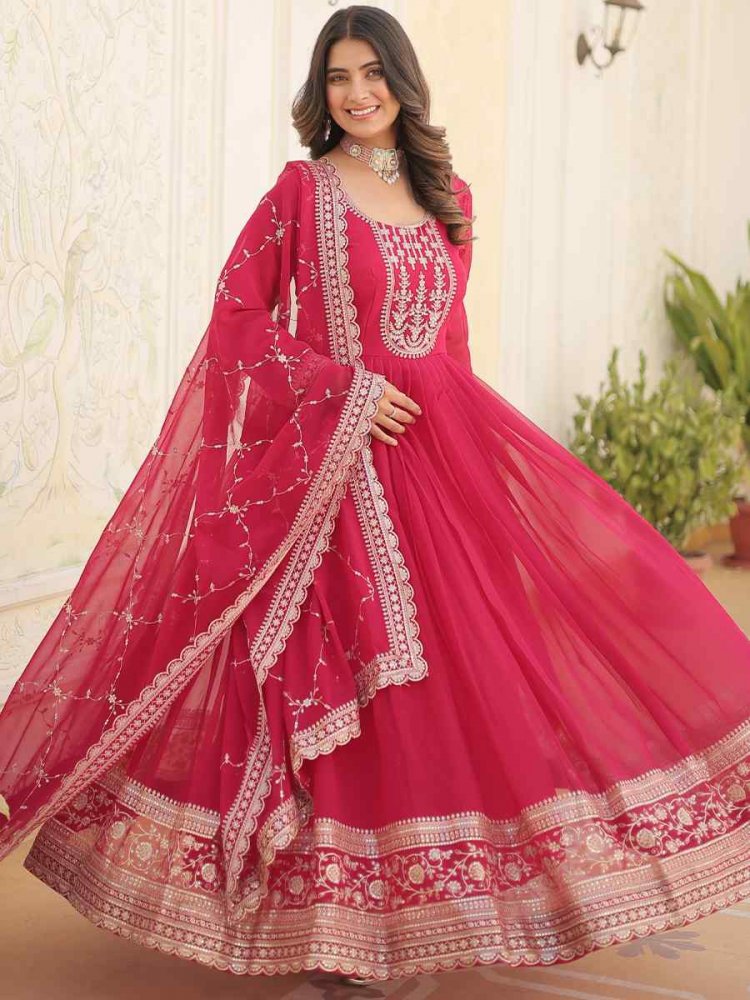 Pink Faux Blooming Embroidered Festival Mehendi Gown