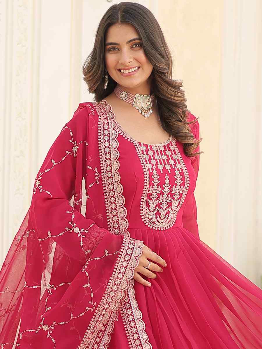 Pink Faux Blooming Embroidered Festival Mehendi Gown