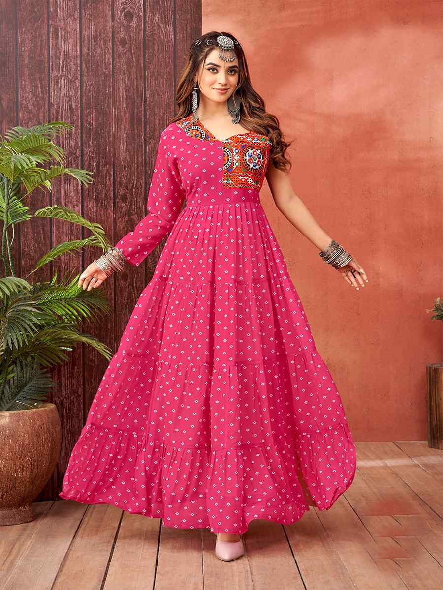 Pink Faux Blooming Georgette Printed Festival Casual Gown