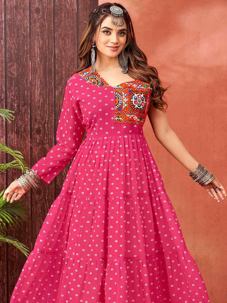 Pink Faux Blooming Georgette Printed Festival Casual Gown