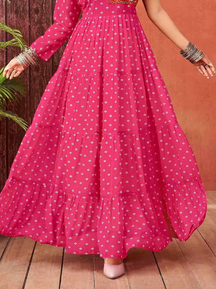 Pink Faux Blooming Georgette Printed Festival Casual Gown