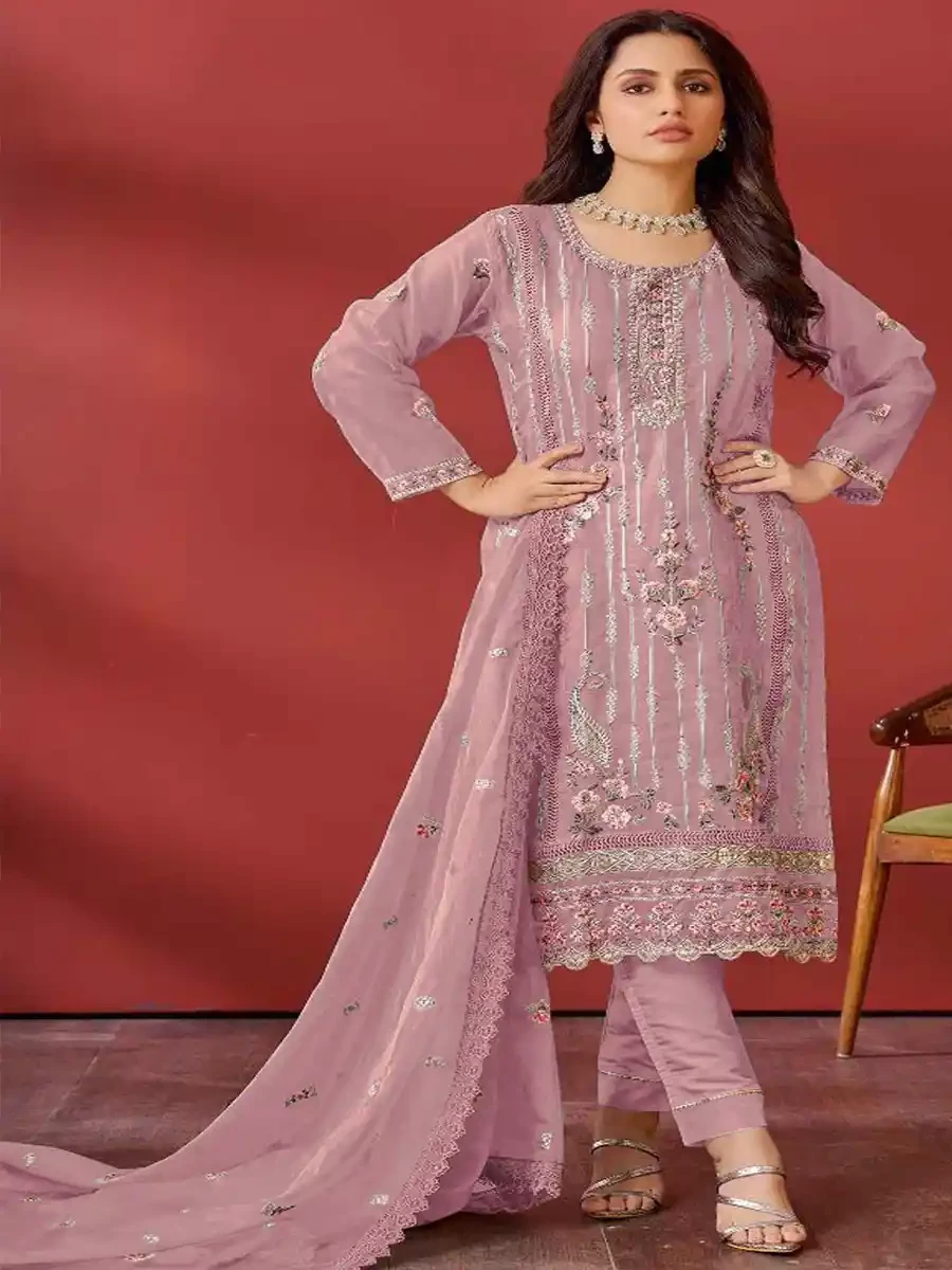 Pink Faux Georgette Embroidered Festival Casual Pant Salwar Kameez