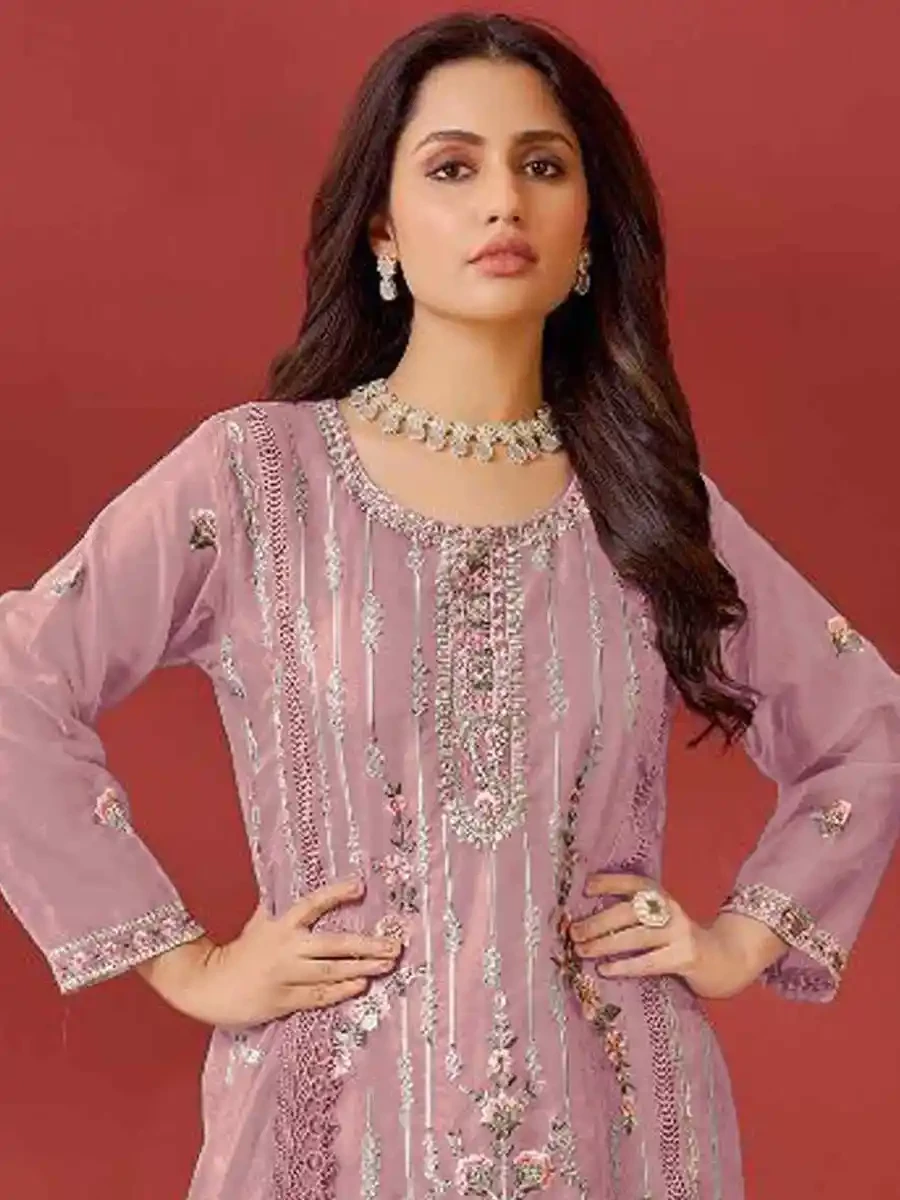 Pink Faux Georgette Embroidered Festival Casual Pant Salwar Kameez