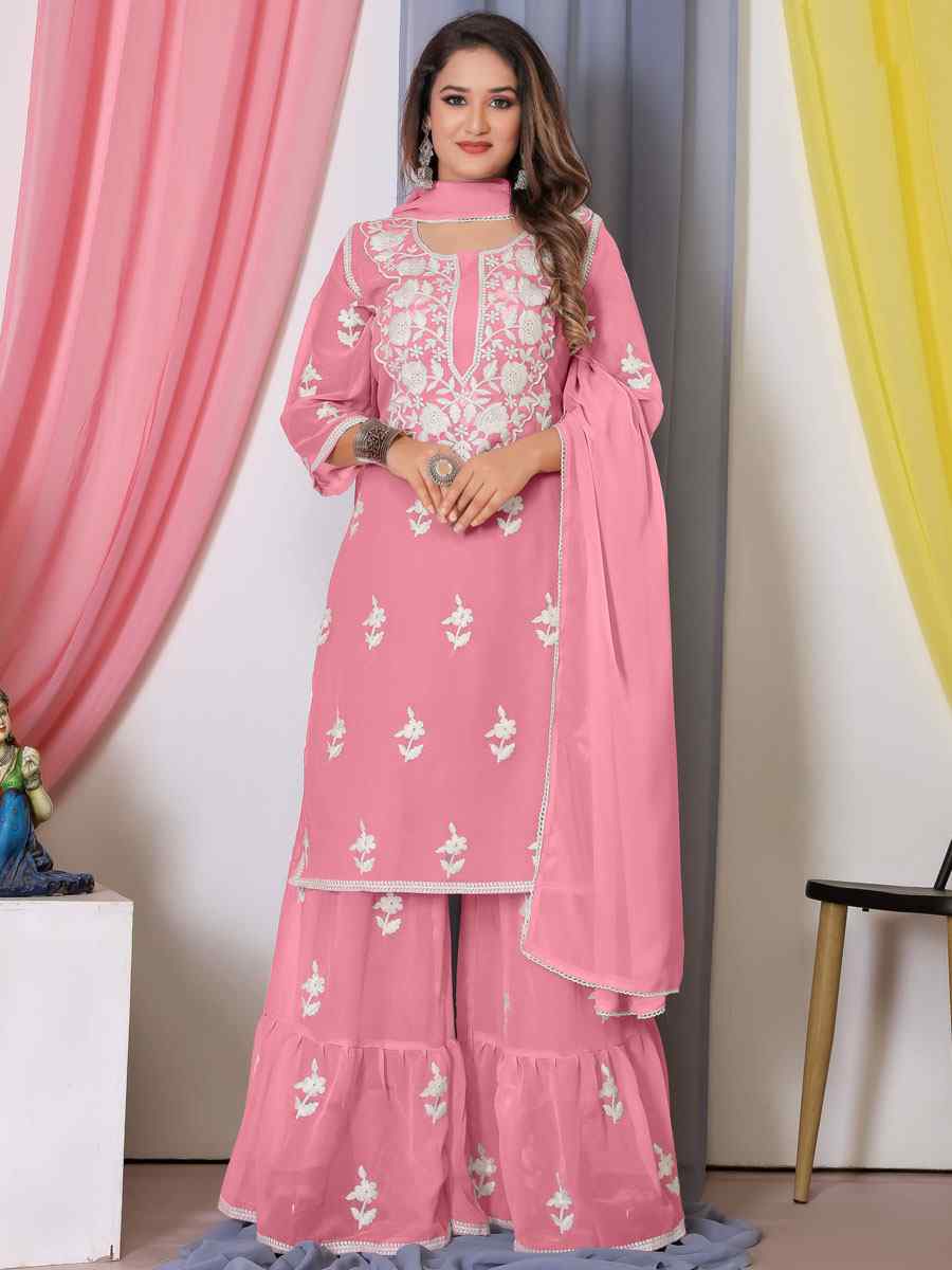 Pink Faux Georgette Embroidered Festival Casual Ready Sharara Pant Salwar Kameez