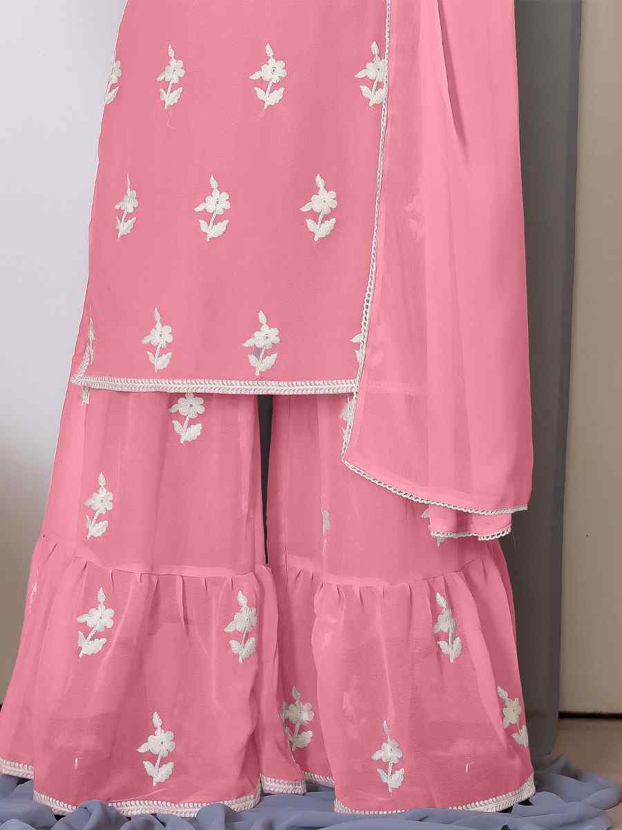 Pink Faux Georgette Embroidered Festival Casual Ready Sharara Pant Salwar Kameez