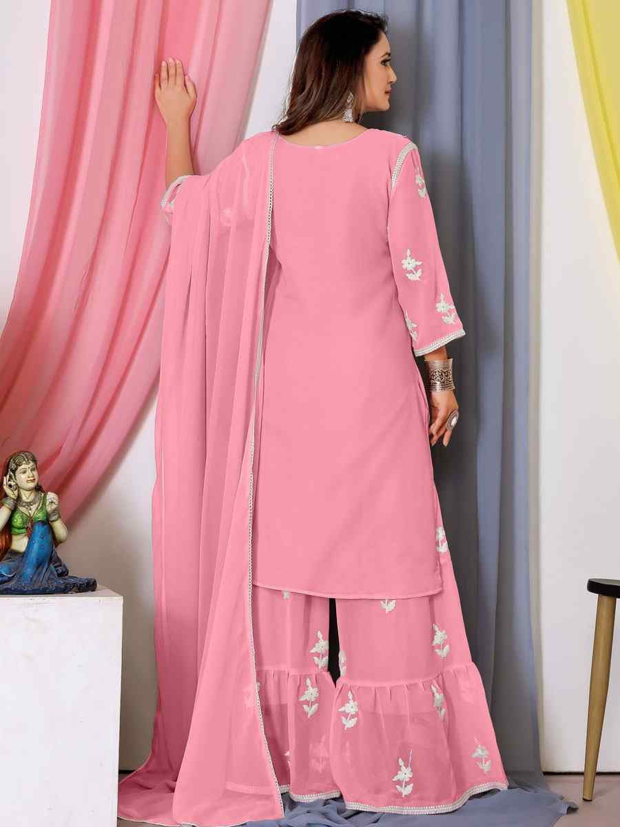 Pink Faux Georgette Embroidered Festival Casual Ready Sharara Pant Salwar Kameez