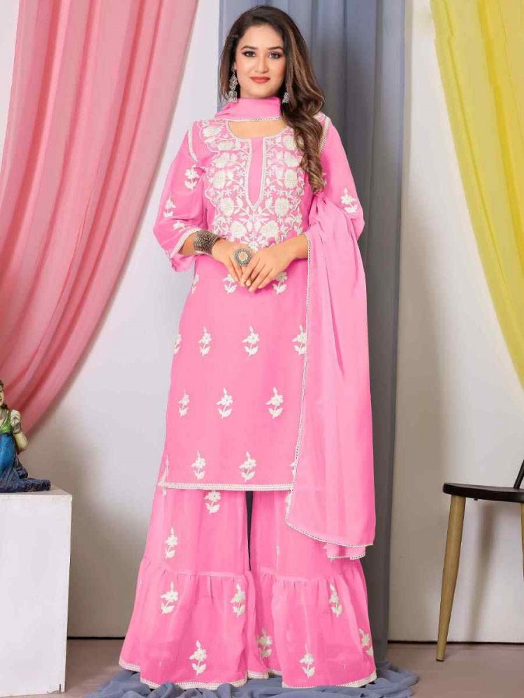 Pink Faux Georgette Embroidered Festival Casual Ready Sharara Pant Salwar Kameez