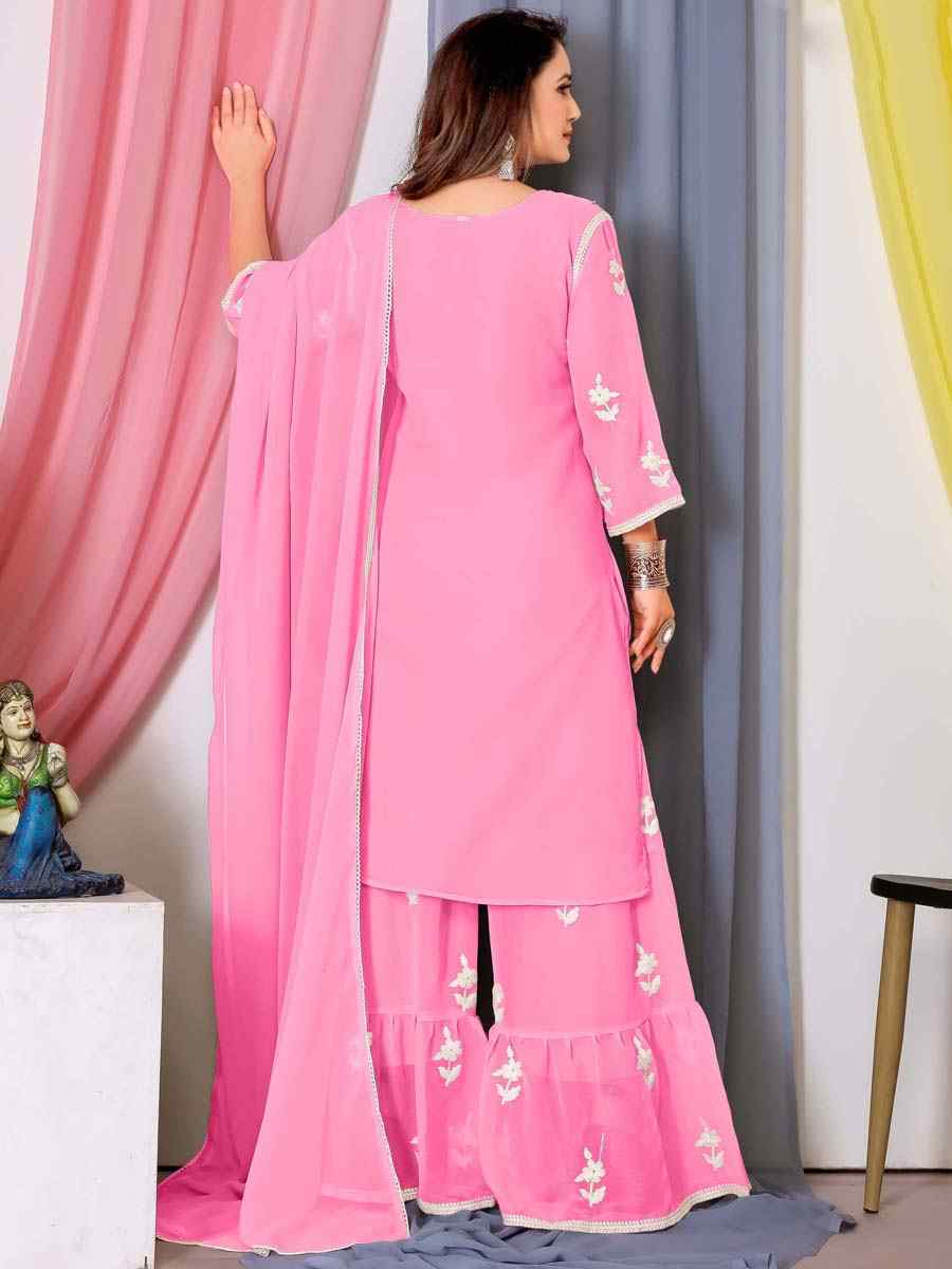 Pink Faux Georgette Embroidered Festival Casual Ready Sharara Pant Salwar Kameez