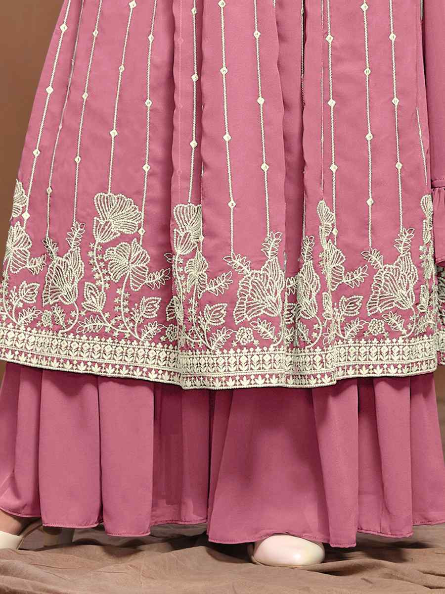 Pink Faux Georgette Embroidered Festival Wedding Sharara Pant Salwar Kameez