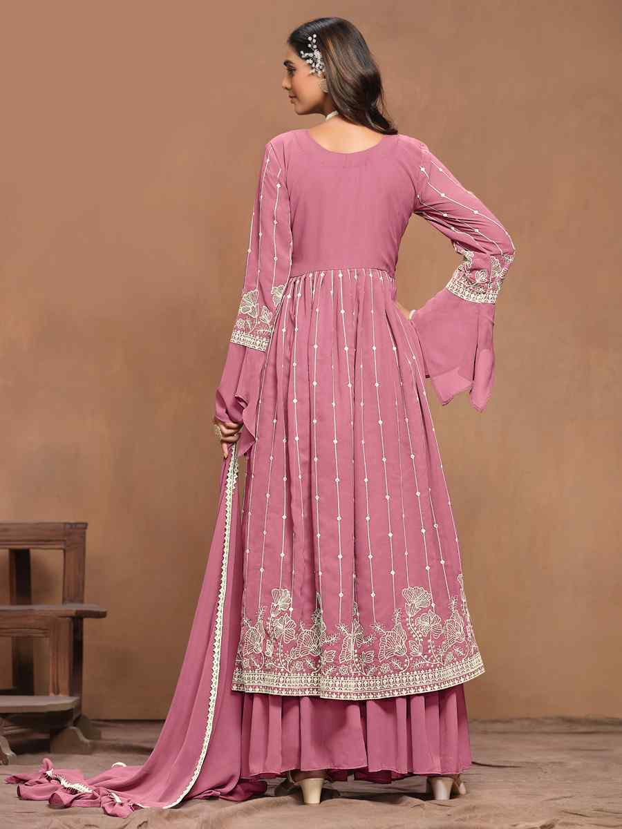 Pink Faux Georgette Embroidered Festival Wedding Sharara Pant Salwar Kameez