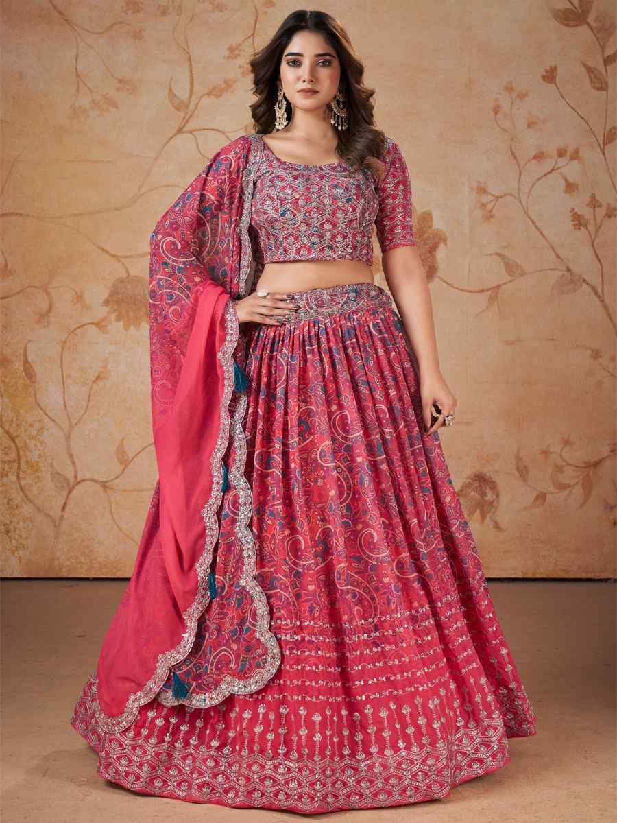 Pink Faux Georgette Embroidered Mehendi Festival Heavy Border Lehenga Choli