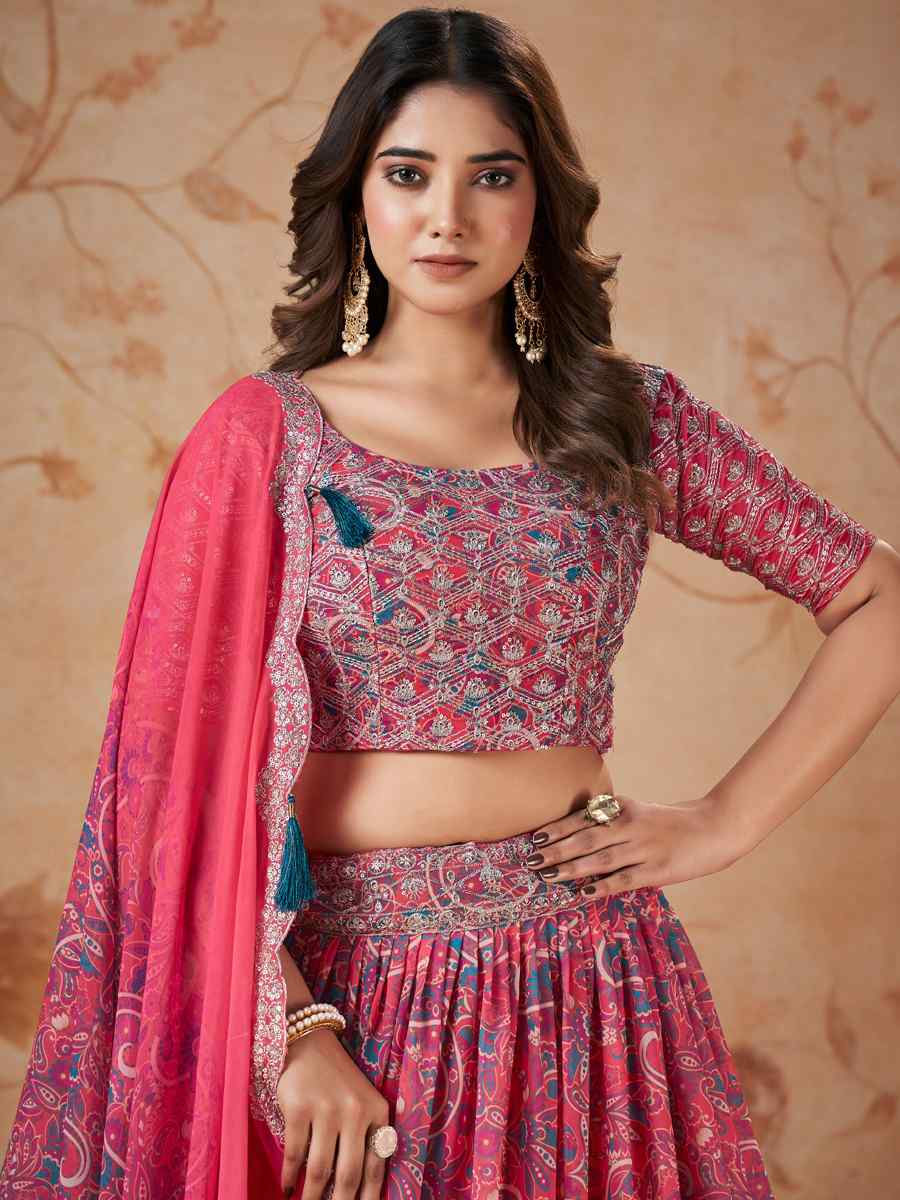 Pink Faux Georgette Embroidered Mehendi Festival Heavy Border Lehenga Choli