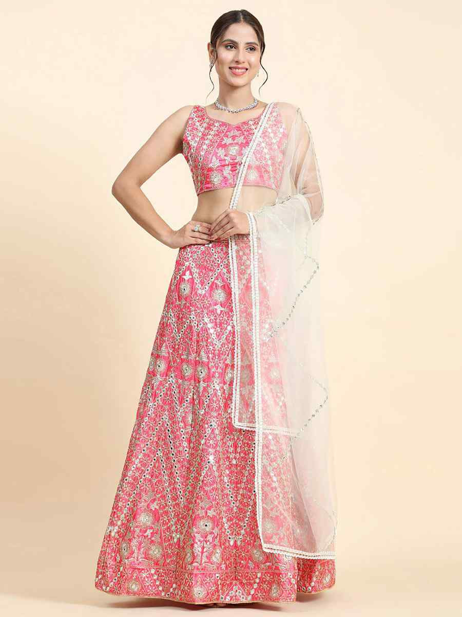 Pink Faux Georgette Embroidered Wedding Festival Heavy Border Lehenga Choli