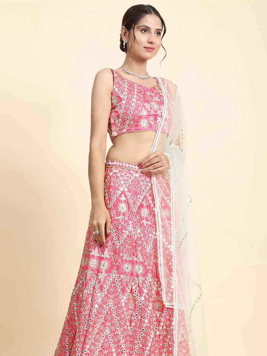 Pink Faux Georgette Embroidered Wedding Festival Heavy Border Lehenga Choli