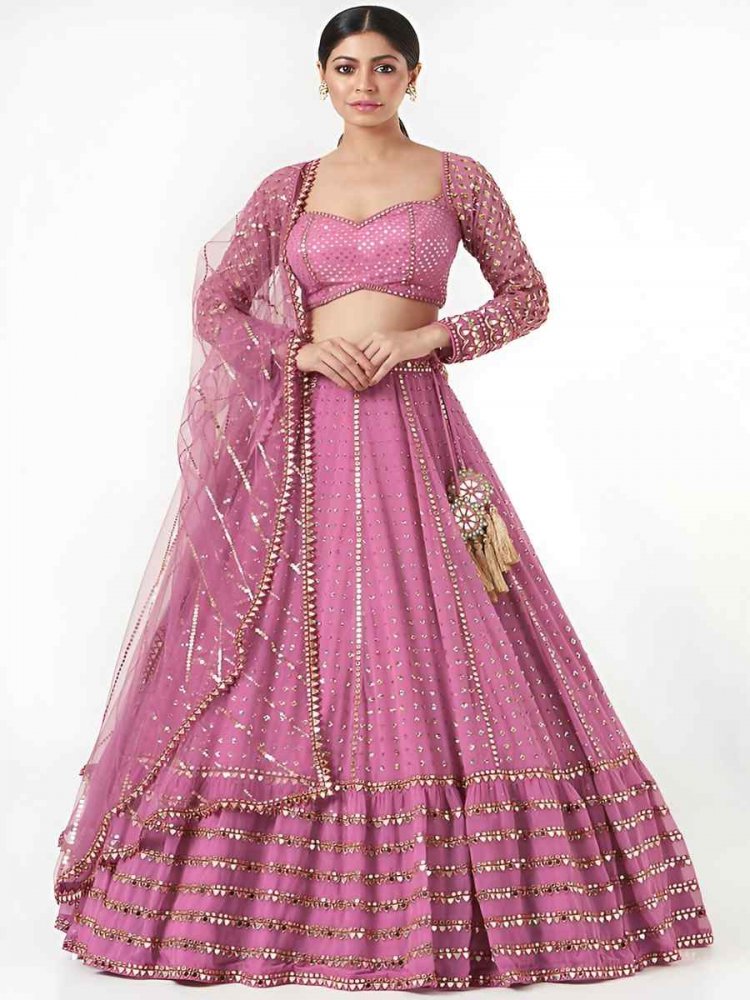 Pink Faux Georgette Embroidery Bridesmaid Wedding Heavy Border Lehenga Choli