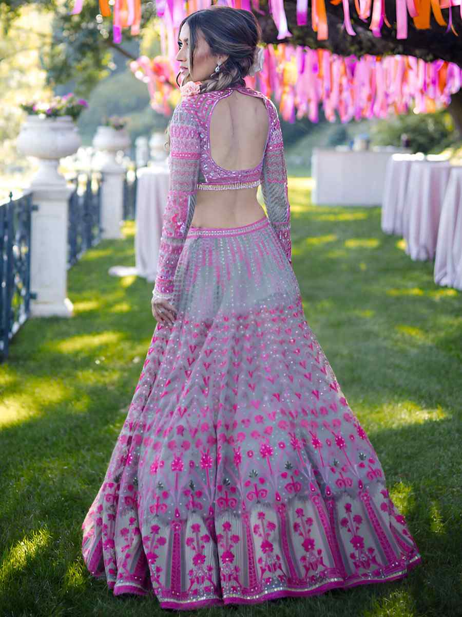 Pink Faux Georgette Embroidery Bridesmaid Wedding Heavy Border Lehenga Choli