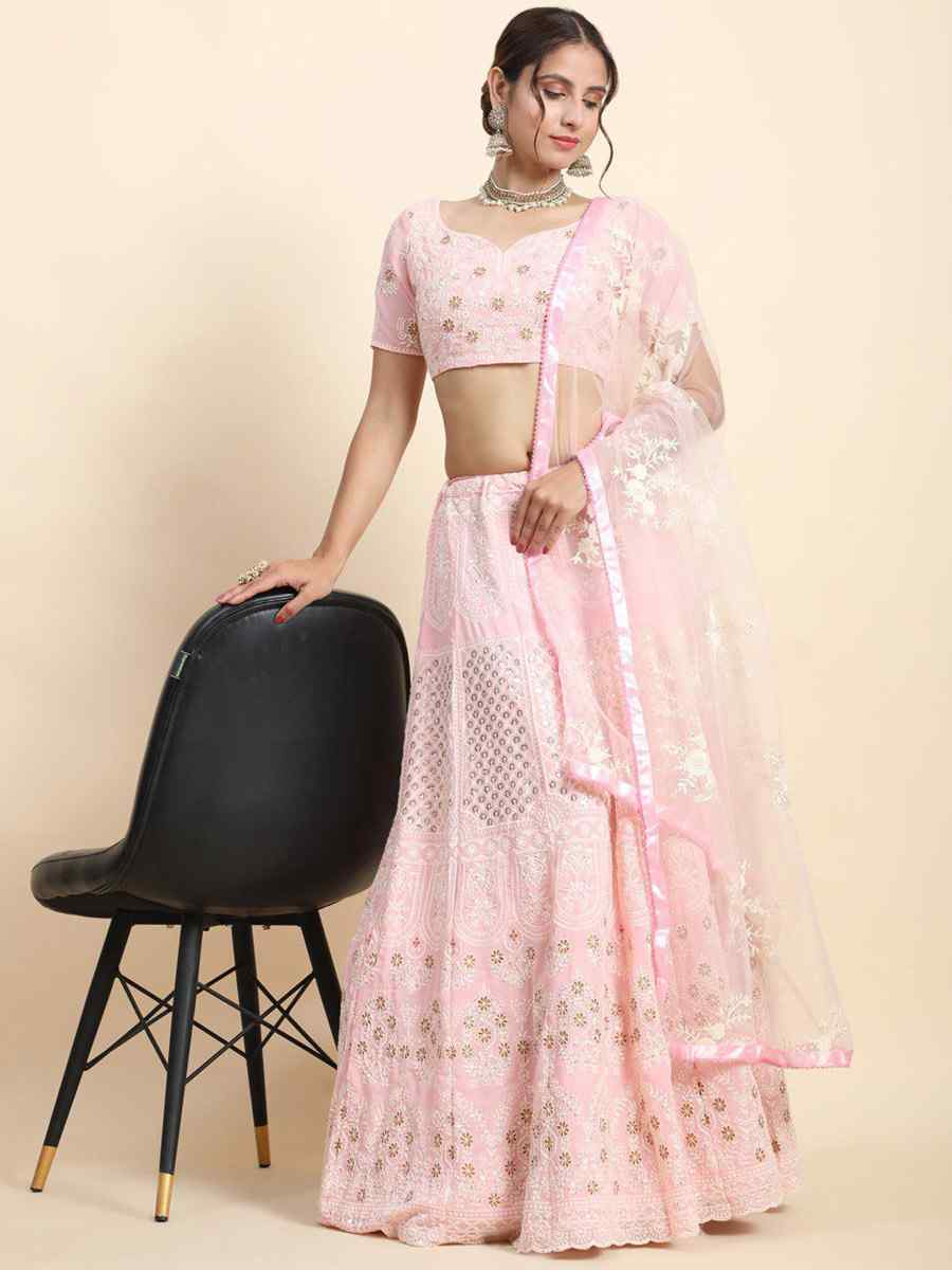 Pink Faux Georgette Embroidery Reception Party Wear Heavy Border Lehenga Choli