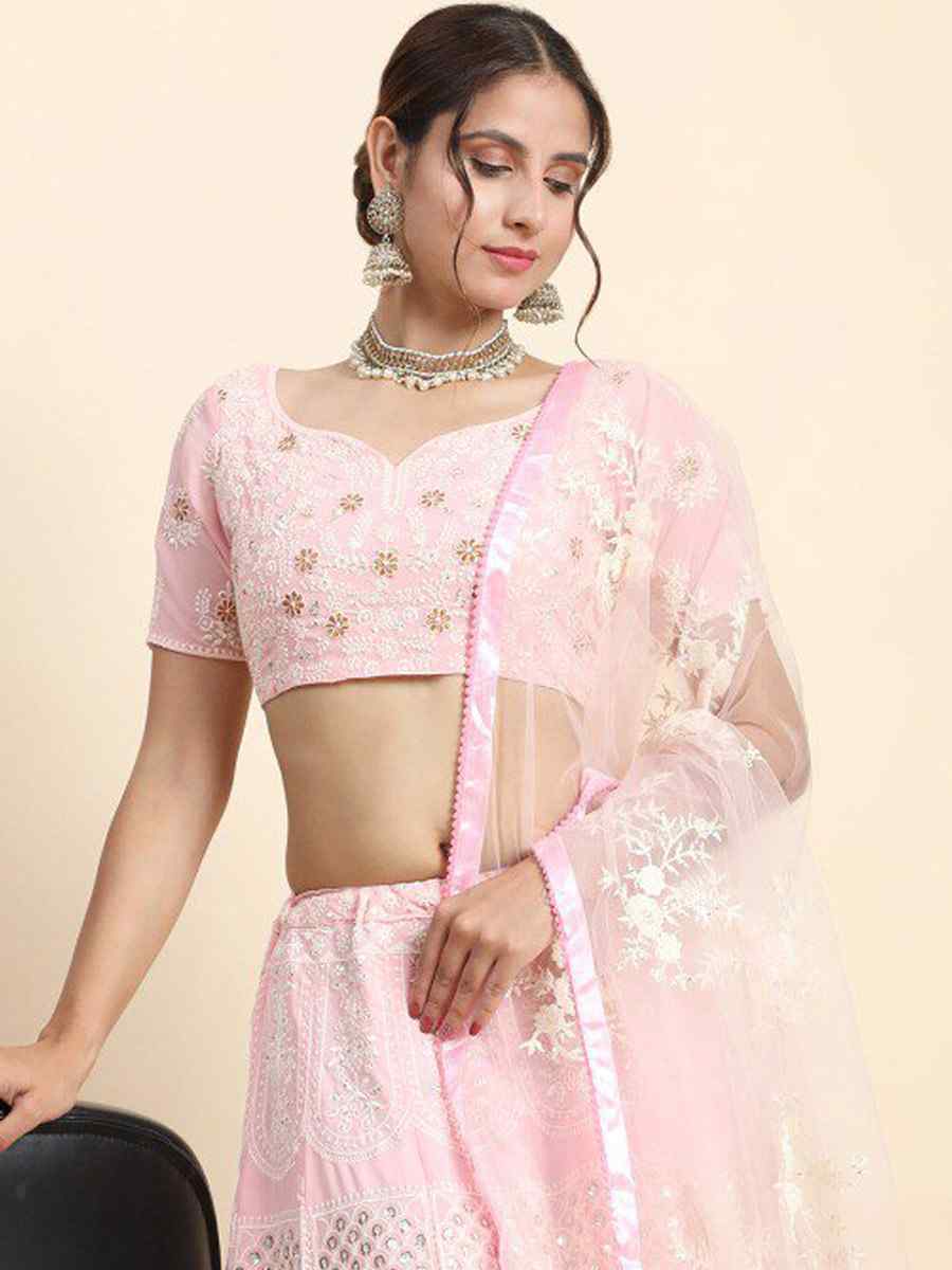 Pink Faux Georgette Embroidery Reception Party Wear Heavy Border Lehenga Choli