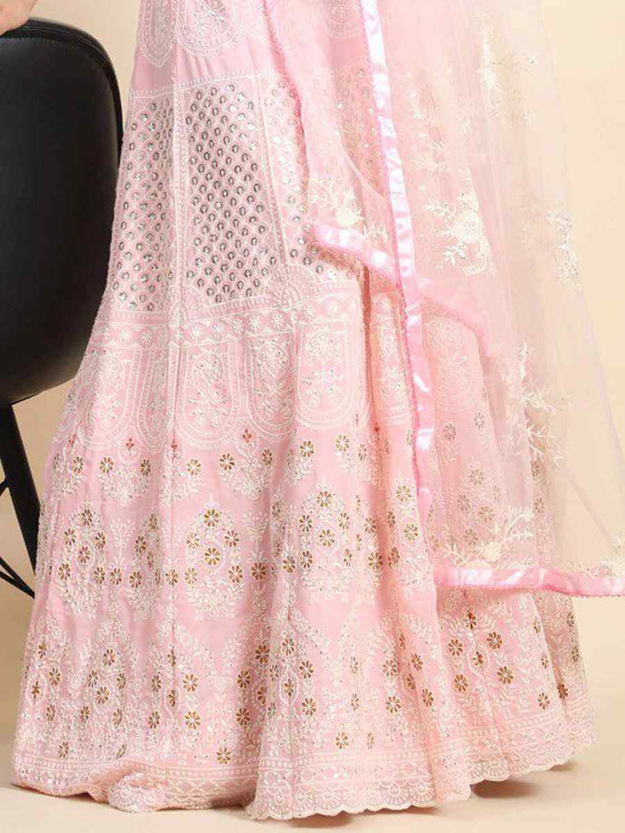 Pink Faux Georgette Embroidery Reception Party Wear Heavy Border Lehenga Choli